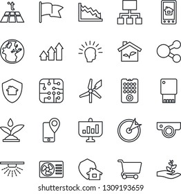 Thin Line Icon Set - mobile tracking vector, chip, eco house, remote control, irrigation, web camera, air conditioner, home app, warm floor, protect, windmill, usb flash, sprinkler, target, earth