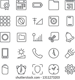 Thin Line Icon Set - mobile vector, phone back, call, menu, camera, clock, alarm, bell, record, folder, calendar, torch, brightness, cut, compass, face id, cellular signal, battery, sertificate
