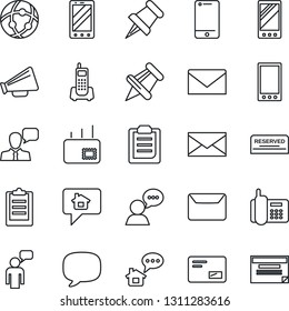Thin Line Icon Set - mobile phone vector, speaking man, mail, office, loudspeaker, cell, speaker, paper pin, message, network, clipboard, reserved, home, schedule