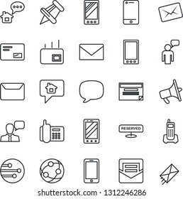 Thin Line Icon Set - mobile phone vector, speaking man, mail, office, loudspeaker, network, cell, speaker, paper pin, message, reserved, home, schedule