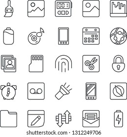 Thin Line Icon Set - mobile vector, gallery, themes, alarm, stopwatch, mail, record, scanner, sd, network, folder, calendar, notes, data exchange, torch, cut, compass, lock, fingerprint id, music