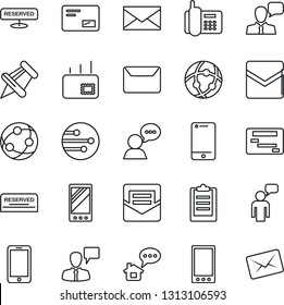 Thin Line Icon Set - mobile phone vector, speaking man, mail, office, network, cell, speaker, paper pin, clipboard, reserved, home message, schedule