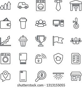 Thin Line Icon Set - mobile tracking vector, phone back, sim, wireless lock, pc, water filter, washer, thermometer, outdoor lamp, garage gate control, home protect, usb flash, sprinkler, group, flag