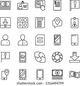 Thin Line Icon Set - mobile phone vector, identity card, document, important flag, cash, tracking, cell, camera, user, download, application, restaurant receipt, home control app