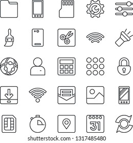 Thin Line Icon Set - mobile vector, phone back, menu, gallery, tuning, themes, user, calculator, stopwatch, mail, sd, sim, network, folder, calendar, download, wireless, torch, cut, place tag, lock