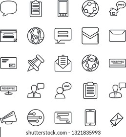 Thin Line Icon Set - mobile phone vector, speaking man, loudspeaker, network, speaker, paper pin, mail, message, clipboard, reserved, home, schedule