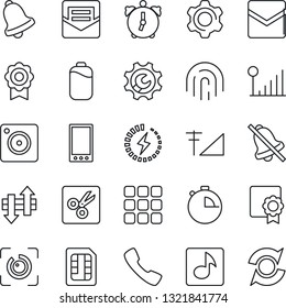 Thin Line Icon Set - mobile vector, call, menu, camera, settings, alarm, stopwatch, bell, mail, sim, data exchange, mute, cut, eye id, fingerprint, music, cellular signal, battery, charge, update