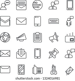 Thin Line Icon Set - mobile phone vector, speaking man, mail, office, loudspeaker, cell, speaker, paper pin, network, clipboard, reserved