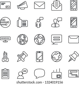 Thin Line Icon Set - mobile phone vector, speaking man, mail, office, loudspeaker, network, cell, speaker, paper pin, message, clipboard, reserved, schedule
