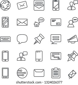 Thin Line Icon Set - mobile phone vector, speaking man, mail, loudspeaker, network, cell, speaker, paper pin, message, clipboard, reserved, home, schedule