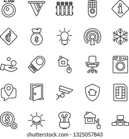 Thin Line Icon Set - mobile tracking vector, sim, home control, remote, wireless, snowflake, washer, smoke detector, radiator, bulb, protect, door, information, usb flash, surveillance, alarm led