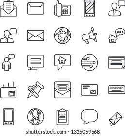 Thin Line Icon Set - mobile phone vector, speaking man, mail, office, loudspeaker, network, speaker, paper pin, message, clipboard, reserved, home, schedule