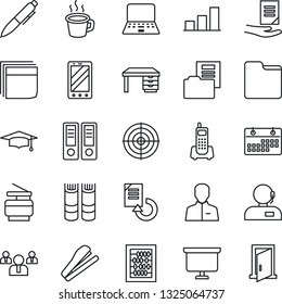 Thin Line Icon Set - mobile phone vector, book, team, office binder, graduate, abacus, desk, pen, notebook pc, presentation board, document, reload, user, folder, calendar, coffee, bar graph, target