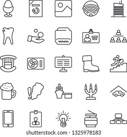 Thin Line Icon Set - mobile phone vector, identity card, document reload, boot, caries, sea port, hdmi, gallery, presentation board, copier, hierarchy, career ladder, garage, children room, wireless