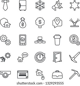 Thin Line Icon Set - mobile tracking vector, home control, irrigation, web camera, snowflake, app, water filter, protect, police, fridge, sun panel, door, message, gear, money bag, clock, search