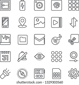 Thin Line Icon Set - mobile vector, menu, camera, gallery, stopwatch, mail, scanner, sim, folder, calendar, data exchange, torch, mute, brightness, cut, place tag, compass, eye id, fingerprint