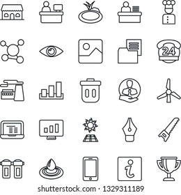 Thin Line Icon Set - mobile phone vector, notebook pc, manager place, factory, statistic monitor, saw, pond, eye, molecule, 24 hours, client, folder document, sorting, gallery, ink pen, desk, cook