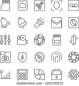 Thin Line Icon Set - mobile camera vector, protect, tuning, calculator, bell, mail, record, sd, network, folder, data exchange, torch, cut, compass, lock, face id, fingerprint, video, photo gallery