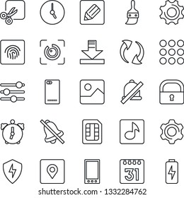Thin Line Icon Set - mobile vector, phone back, menu, update, gallery, protect, settings, tuning, themes, clock, alarm, sim, calendar, notes, download, mute, cut, place tag, lock, eye id, music