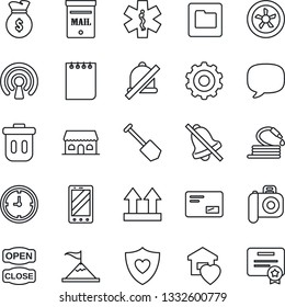 Thin Line Icon Set - mobile phone vector, gear, notepad, job, hose, ambulance star, heart shield, clock, up side sign, camera, mail, message, folder, mute, mailbox, sweet home, cafe building, fan