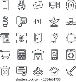 Thin Line Icon Set - mobile tracking vector, phone back, chip, eco house, fingerprint, irrigation, intercome, pc, home control app, water, washer, energy saving bulb, garage gate, trash bin, door