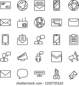 Thin Line Icon Set - mobile phone vector, speaking man, mail, office, loudspeaker, network, cell, speaker, message, clipboard, reserved, schedule