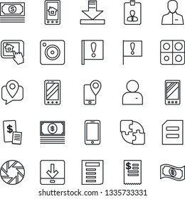 Thin Line Icon Set - mobile phone vector, identity card, document, important flag, cash, tracking, camera, user, download, application, restaurant receipt, home control app