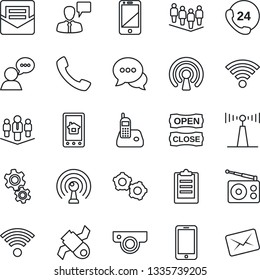 Thin Line Icon Set - mobile phone vector, speaking man, gear, team, satellite, 24 hours, radio, antenna, cell, dialog, speaker, call, mail, wireless, clipboard, company, open close, web camera