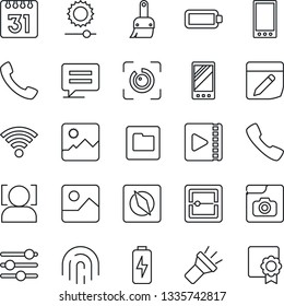 Thin Line Icon Set - mobile vector, call, message, gallery, tuning, themes, scanner, folder, calendar, notes, wireless, torch, brightness, compass, face id, eye, fingerprint, video, photo, battery