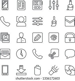 Thin Line Icon Set - mobile vector, call, message, tuning, themes, user, clock, stopwatch, mail, sim, notes, download, torch, cut, lock, face id, fingerprint, photo gallery, battery, application