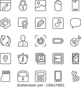 Thin Line Icon Set - mobile vector, phone back, message, update, gallery, settings, user, calculator, alarm, scanner, sd, notes, place tag, lock, eye id, music, photo, battery, sertificate
