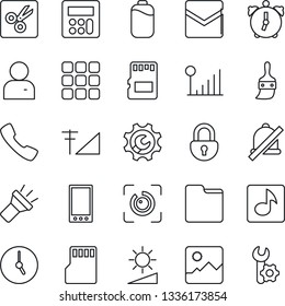 Thin Line Icon Set - mobile vector, call, menu, gallery, themes, user, calculator, clock, alarm, mail, sd, folder, torch, mute, brightness, cut, lock, eye id, music, cellular signal, battery