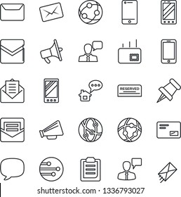 Thin Line Icon Set - mobile phone vector, speaking man, loudspeaker, network, cell, speaker, paper pin, mail, message, clipboard, reserved, home