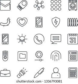 Thin Line Icon Set - mobile phone vector, case, pen, fence, caterpillar, heart, share, menu, message, protect, user, mail, folder, calendar, torch, brightness, fingerprint id, washer, remote control
