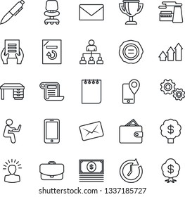 Thin Line Icon Set - mobile phone vector, mail, hierarchy, office chair, desk, pen, notepad, document, factory, reload, stamp, tracking, arrow up graph, gear, shining head, wallet, clock, cash, case