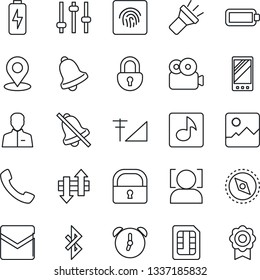 Thin Line Icon Set - mobile vector, call, gallery, tuning, user, alarm, bell, mail, sim, data exchange, torch, mute, bluetooth, place tag, compass, lock, face id, fingerprint, music, video, battery