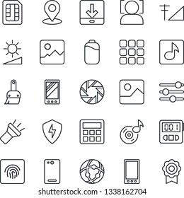 Thin Line Icon Set - mobile vector, phone back, menu, camera, gallery, protect, tuning, themes, calculator, stopwatch, sim, network, download, torch, brightness, place tag, face id, fingerprint