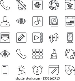 Thin Line Icon Set - mobile vector, phone back, call, menu, update, camera, themes, user, alarm, mail, calendar, notes, data exchange, wireless, mute, brightness, eye id, fingerprint, music, video