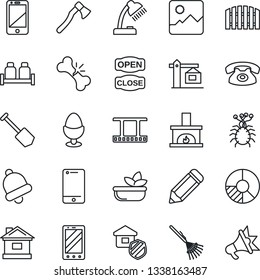 Thin Line Icon Set - mobile phone vector, job, pencil, circle chart, rake, house, axe, broken bone, virus, film frame, cell, gallery, bell, desk lamp, fence, fireplace, crane, estate insurance