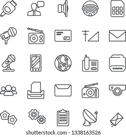 Thin Line Icon Set - mobile phone vector, gear, mail, satellite antenna, microphone, radio, speaker, network, hdmi, sim, cellular signal, clipboard, paper tray, wireless, web camera, group