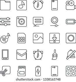 Thin Line Icon Set - mobile vector, phone back, message, camera, gallery, tuning, themes, alarm, mail, record, sd, sim, folder, download, mute, brightness, cut, music, video, battery, charge