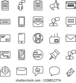 Thin Line Icon Set - mobile phone vector, speaking man, mail, loudspeaker, network, cell, speaker, paper pin, message, clipboard, reserved, home, schedule