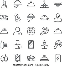 Thin Line Icon Set - mobile phone vector, ambulance car, doctor, office, 24 hours, client, delivery, search cargo, root setup, support, moving, dish, reserved, reception, waiter, warm floor, battery