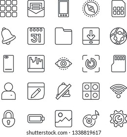 Thin Line Icon Set - mobile vector, phone back, menu, gallery, user, bell, mail, scanner, sd, sim, network, folder, calendar, notes, download, wireless, mute, compass, lock, eye id, music, battery