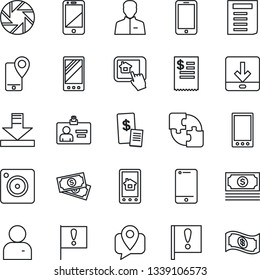 Thin Line Icon Set - mobile phone vector, identity card, document, important flag, cash, tracking, cell, camera, user, download, application, restaurant receipt, home control app