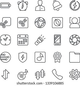 Thin Line Icon Set - mobile vector, call, camera, protect, user, clock, alarm, bell, network, folder, calendar, data exchange, torch, cut, compass, face id, music, battery, charge, sertificate