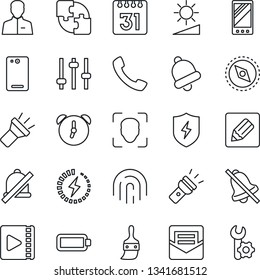 Thin Line Icon Set - mobile vector, phone back, call, protect, tuning, themes, user, alarm, bell, mail, calendar, notes, torch, mute, brightness, compass, face id, fingerprint, video, battery