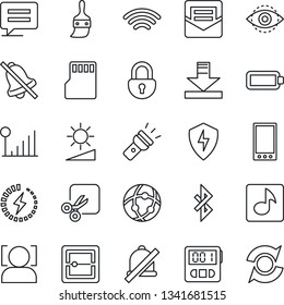 Thin Line Icon Set - mobile vector, message, protect, themes, stopwatch, mail, scanner, sd, network, download, wireless, torch, mute, brightness, cut, bluetooth, lock, face id, eye, music, battery