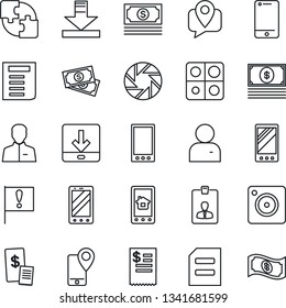 Thin Line Icon Set - mobile phone vector, identity card, document, important flag, cash, tracking, cell, camera, user, download, application, restaurant receipt, home control app
