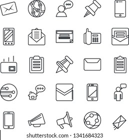 Thin Line Icon Set - mobile phone vector, speaking man, office, loudspeaker, network, cell, speaker, paper pin, mail, clipboard, home message, schedule